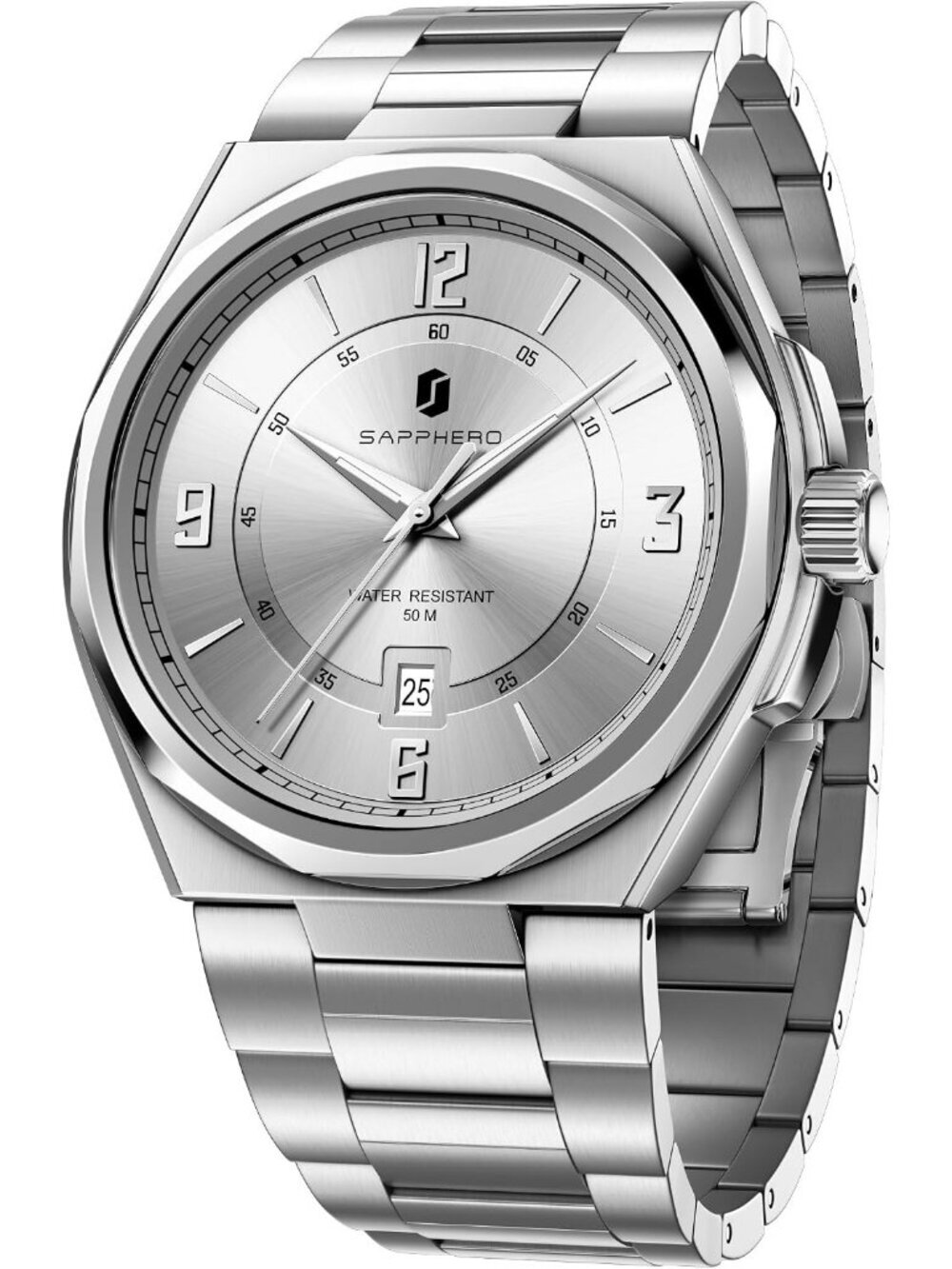 Men's Silver/White Numeral Dial Stainless Steel Strap Analog Quartz Wrist Watch